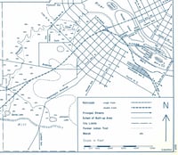 White and blue map of Bassett Creek and surrounding land outlining former Indian trails and marsh, as well as streets within Minneapolis city limits.